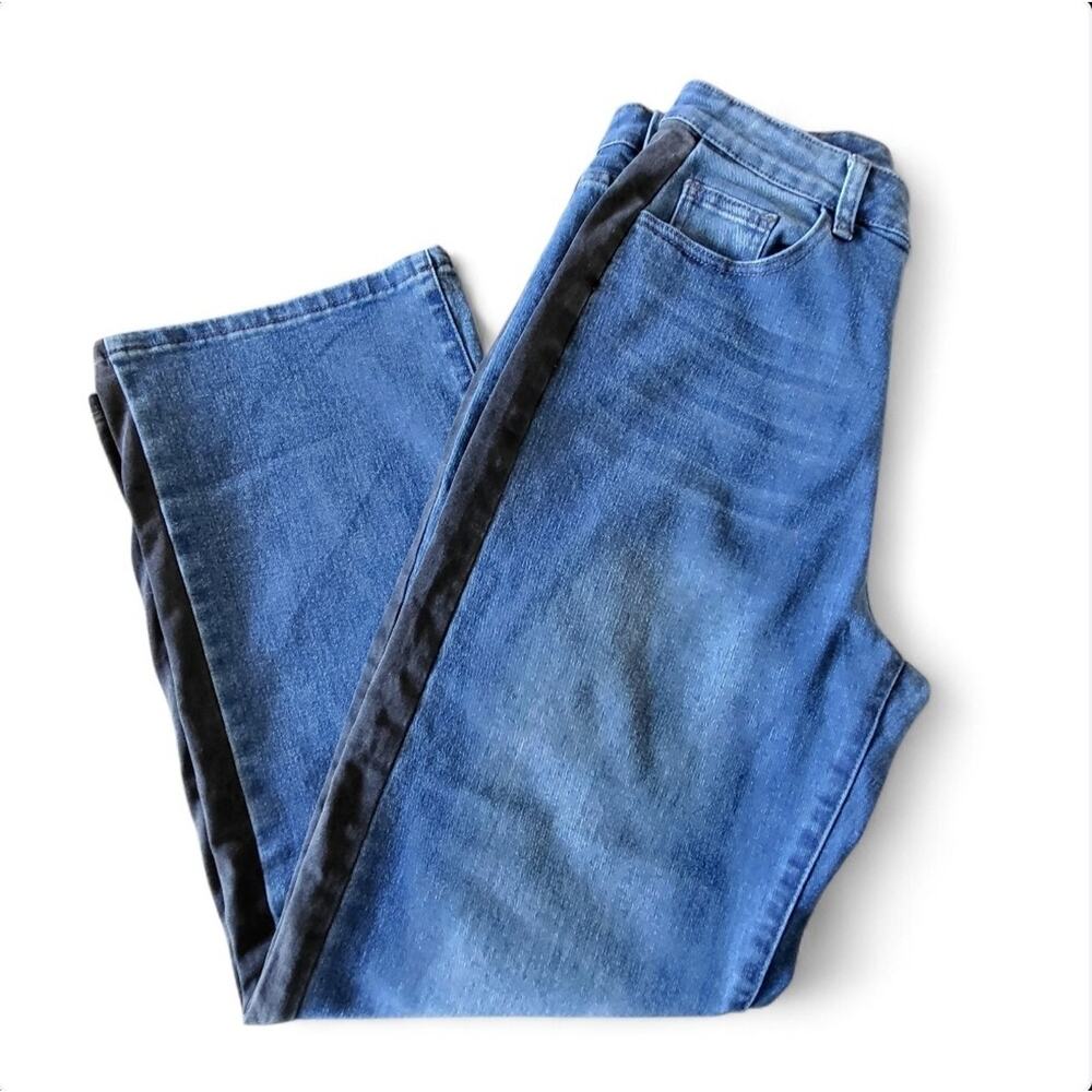 Tuxedo-Style Two-Toned Hi-Rise Wide Leg Blue Jeans Black Side Panel Women's L